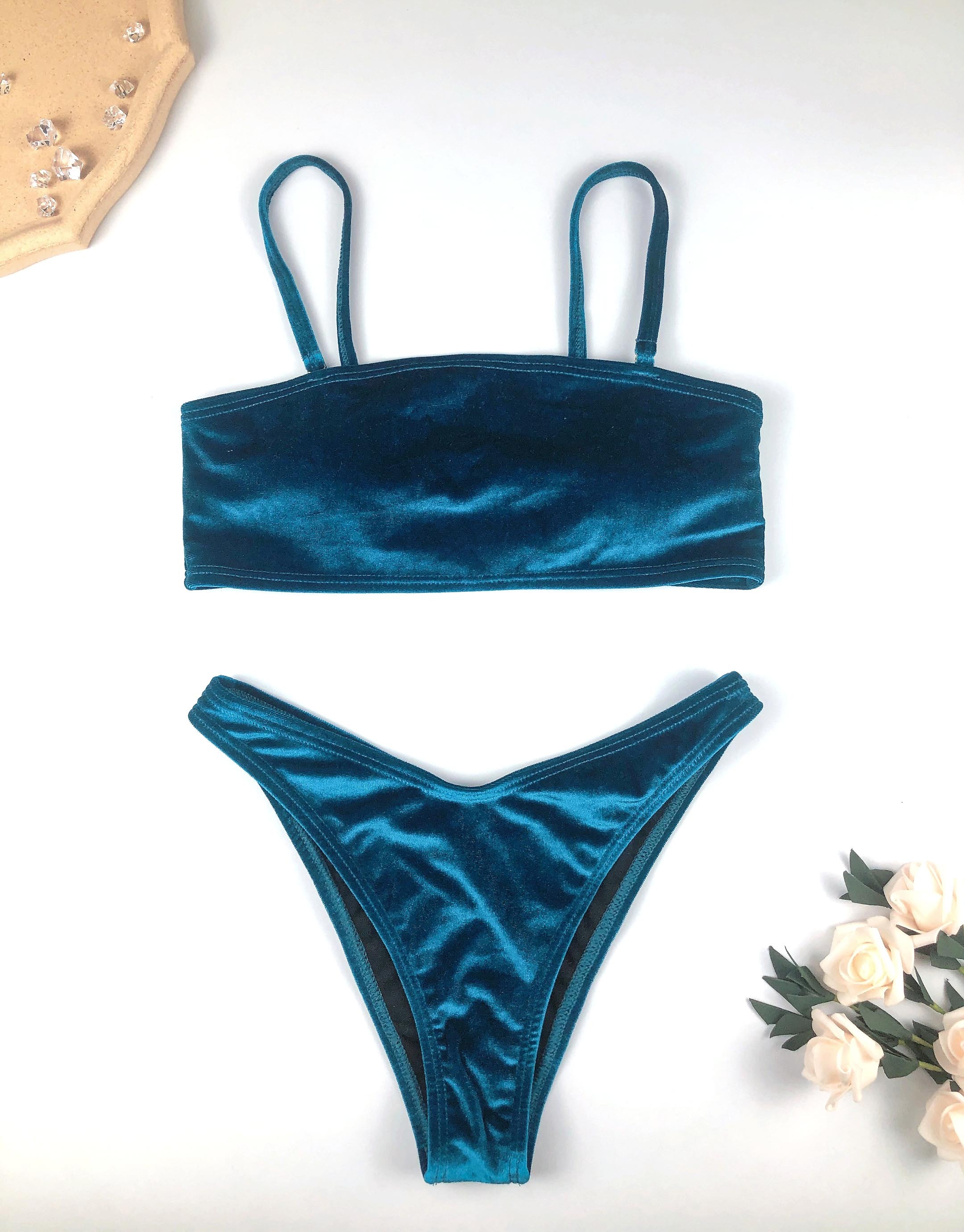 Blue Detachable Shoulder Strap Velvet Bikini Set Exporter