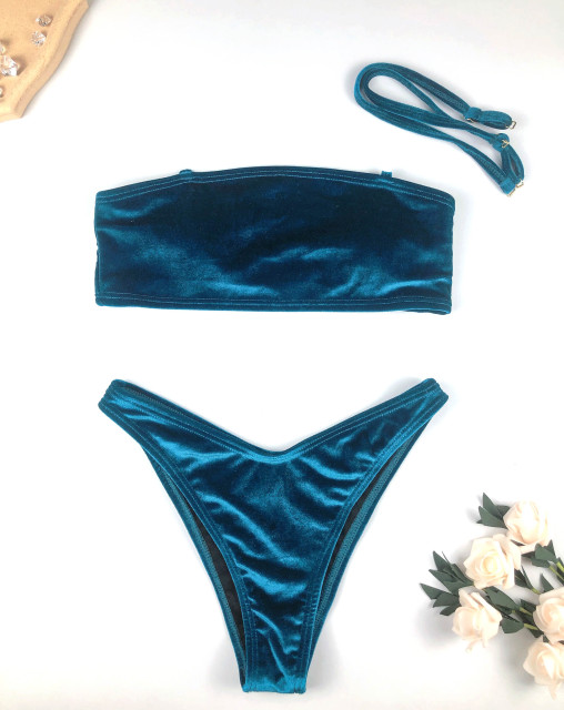 Blue Detachable Shoulder Strap Velvet Bikini Set Exporter