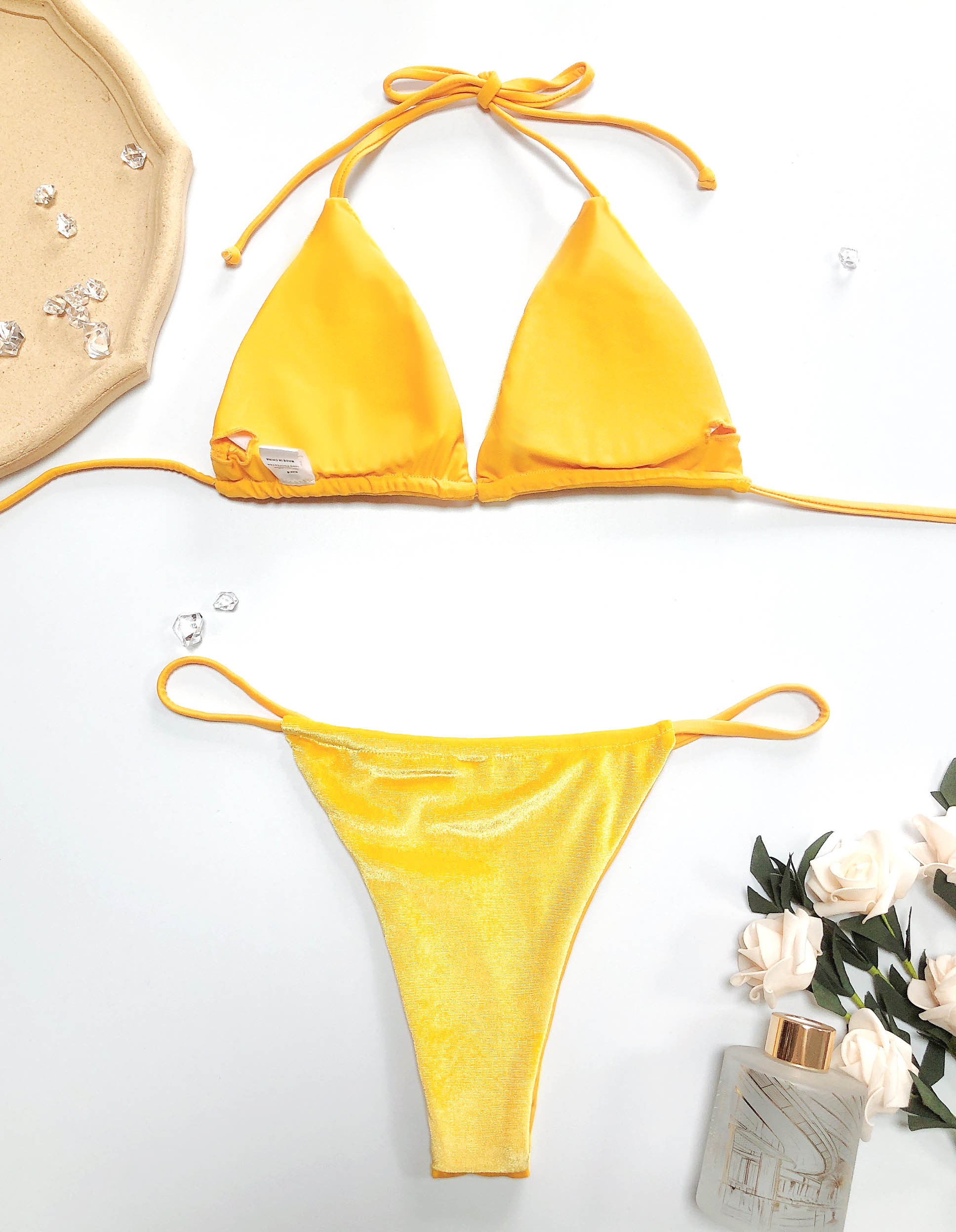 Yellow Velvet Micro String Bikini Set Supplier
