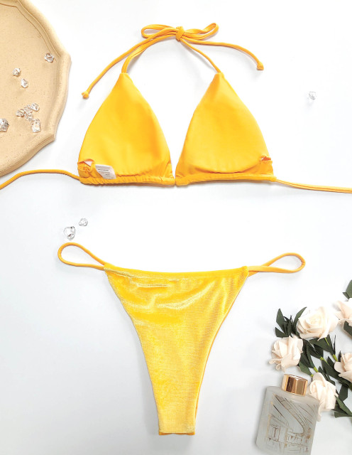 Yellow Velvet Micro String Bikini Set Supplier