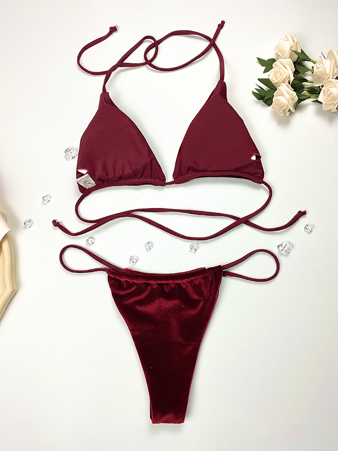 Wine Red Velvet Micro Triangle Bikini Set Wholesale