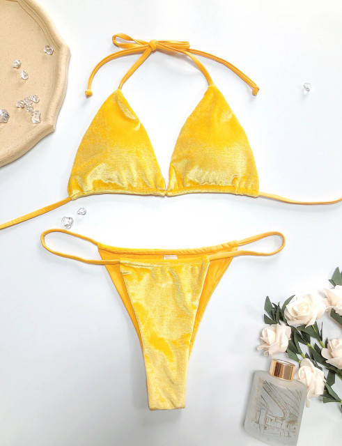 Yellow Velvet Micro String Bikini Set Supplier
