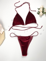 Wine Red Velvet Micro Triangle Bikini Set Wholesale