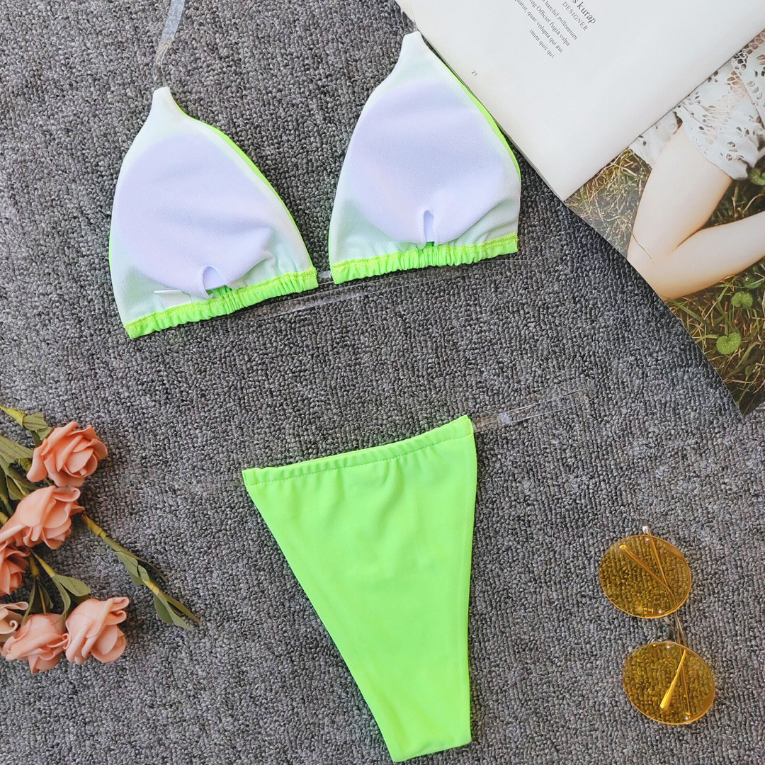 Fluorescent Green Transparent Straps Triangle Beach Swimwear Supplier