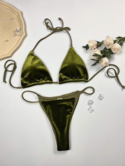2 Pieces Army Green Velvet Micro Beachwear Custom
