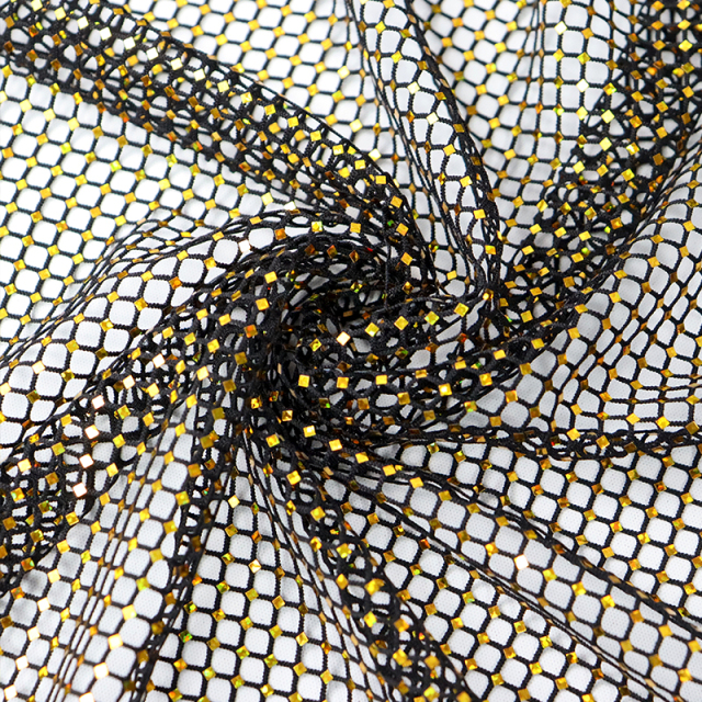 Sparkling Golden Square Shaped Sequin Metal Net Fabric Factory