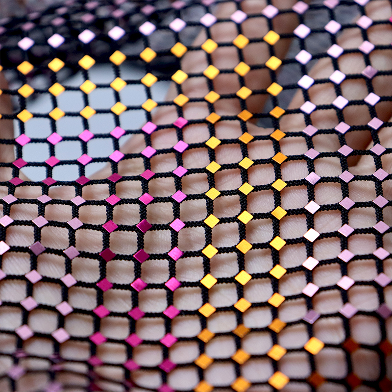 Glitter Square Shaped Metallic Black Net Fabric Custom