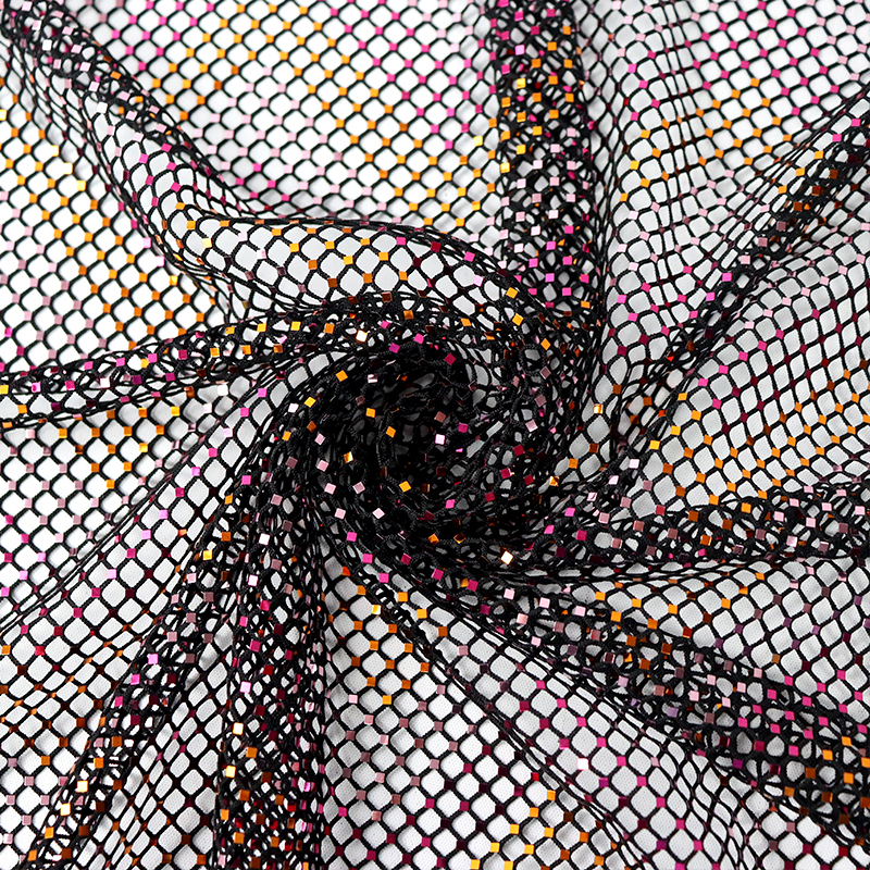 Glitter Square Shaped Metallic Black Net Fabric Custom