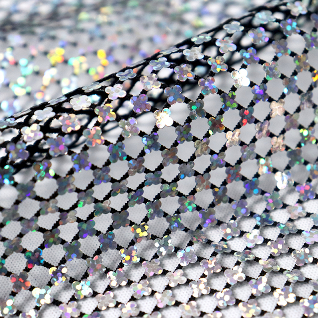 Shiny Silver Flower Shape Sequin Mesh Fabric Wholesale