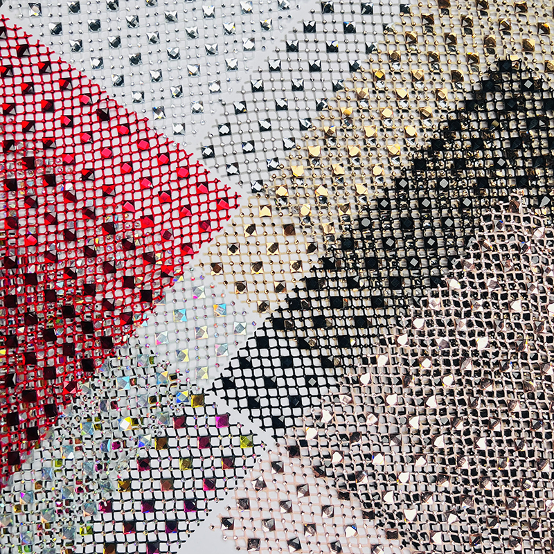 Multi Color Square Glass & Rhinestone Net Fabric Supplier