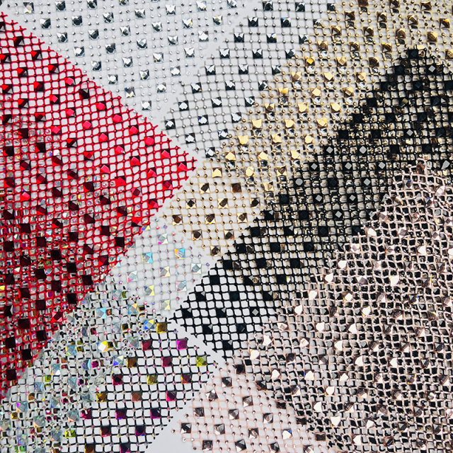 Multi Color Square Glass & Rhinestone Net Fabric Supplier