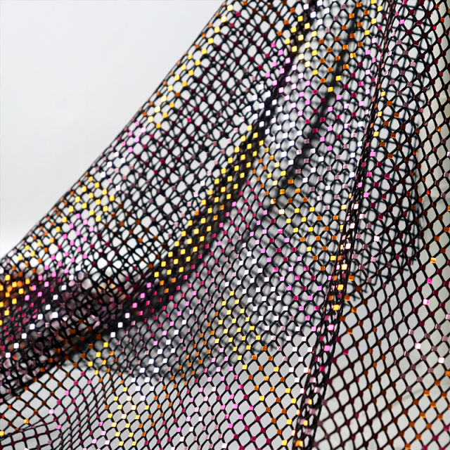 Glitter Square Shaped Metallic Black Net Fabric Custom