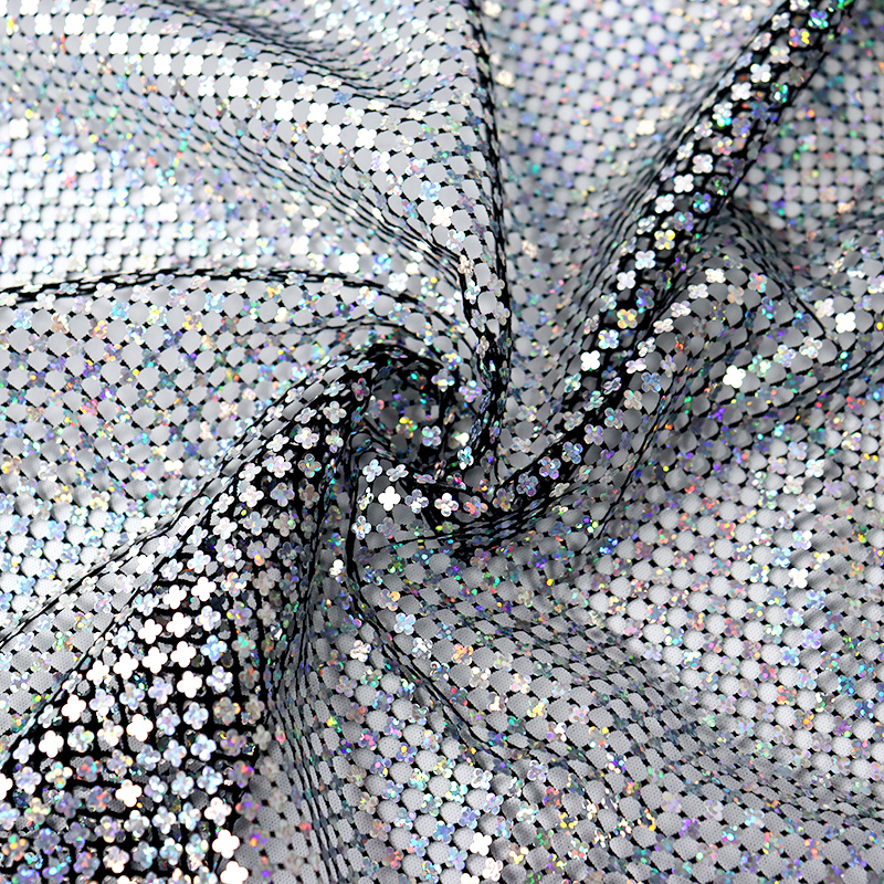 Shiny Silver Flower Shape Sequin Mesh Fabric Wholesale