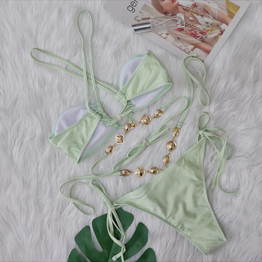 Crystal Stone Jeweled Lace Up Two Pieces Swimming Swimwear Exporter
