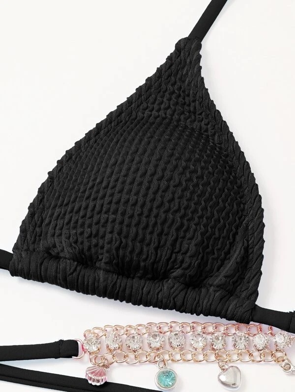 Bling Bedazzled Tassel Chain Pleated Fabric Bathing Suit Factory