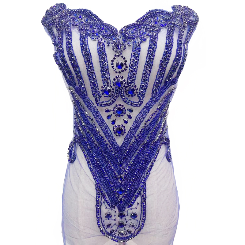 Blue Beaded Diamond Bridal Bodice Applique Factory