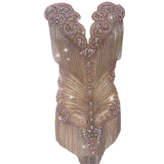 Large Beaded Diamond Bodice Applique with Tassle Chain Factory