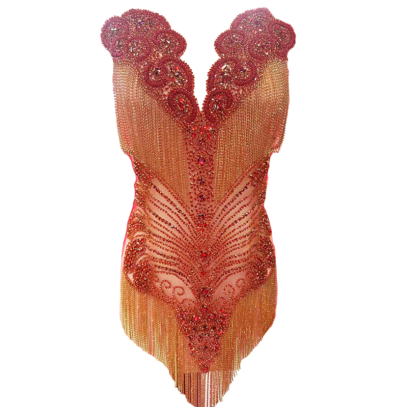 Large Beaded Diamond Bodice Applique with Tassle Chain Factory
