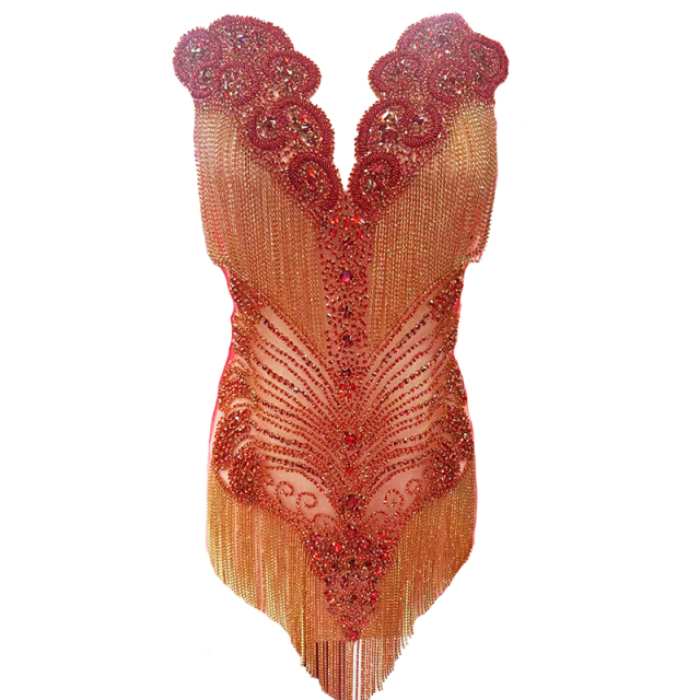 Large Beaded Diamond Bodice Applique with Tassle Chain Factory