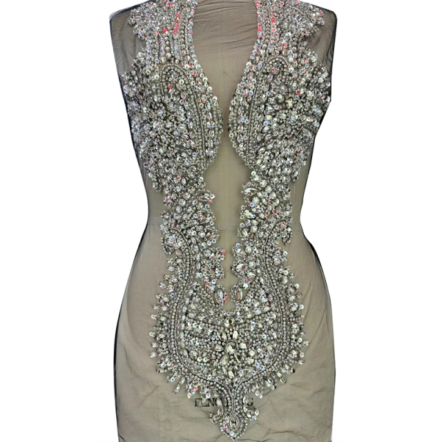Large Beaded Sequins Crystal Bridal Bodice Applique Manufacturer