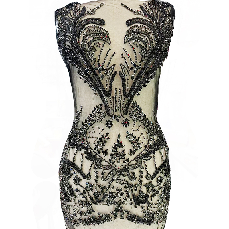 Black Full Beaded Crystal Bodice Applique Custom