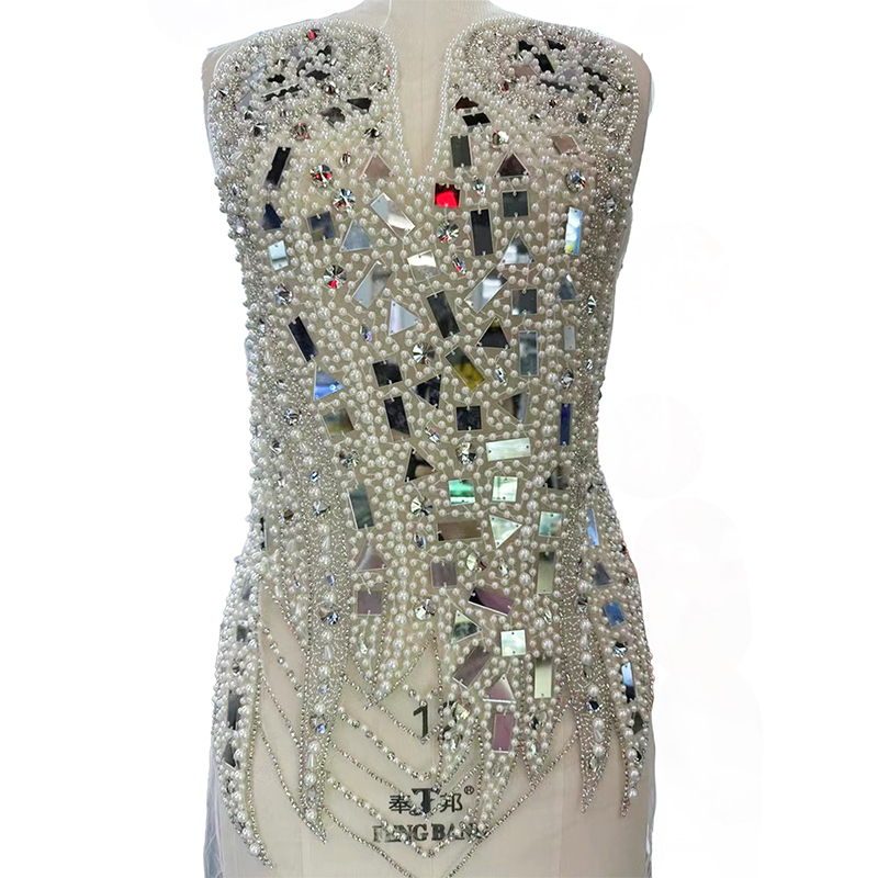 Gold Acrylic Sequins Pearl Beaded Rhinestone Bodice Appliques for Dress Exporter