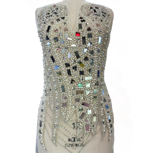 Gold Acrylic Sequins Pearl Beaded Rhinestone Bodice Appliques for Dress Exporter