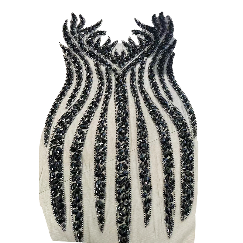 Silver Sequins Beaded Diamond Bodice Appliques for Dress Wholesale