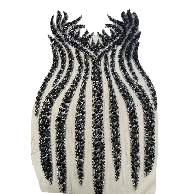 Silver Sequins Beaded Diamond Bodice Appliques for Dress Wholesale