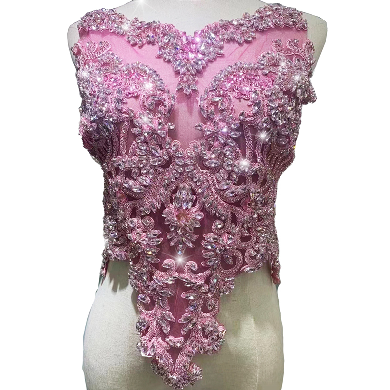 Pink Beaded Diamond Bridal Bodice Applique for Dress Exporter