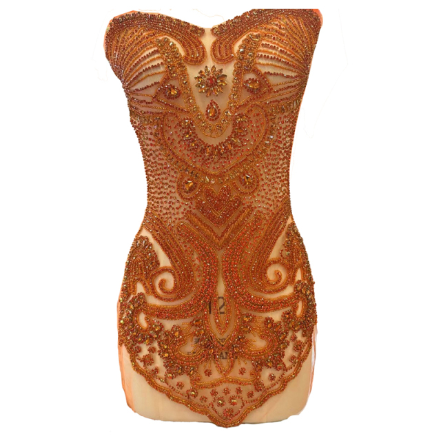 Orange Beaded Diamond Bodice Applique for Wedding Dress Custom