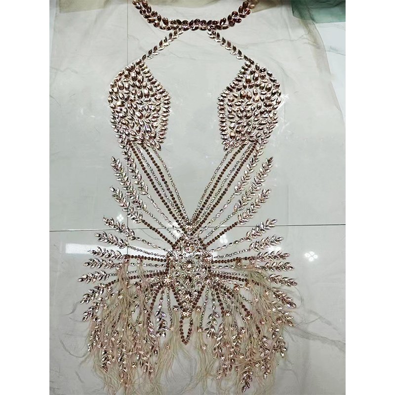 Silver Beaded Diamond Bodice Applique with Feather for Dancing Dress Manufacturer