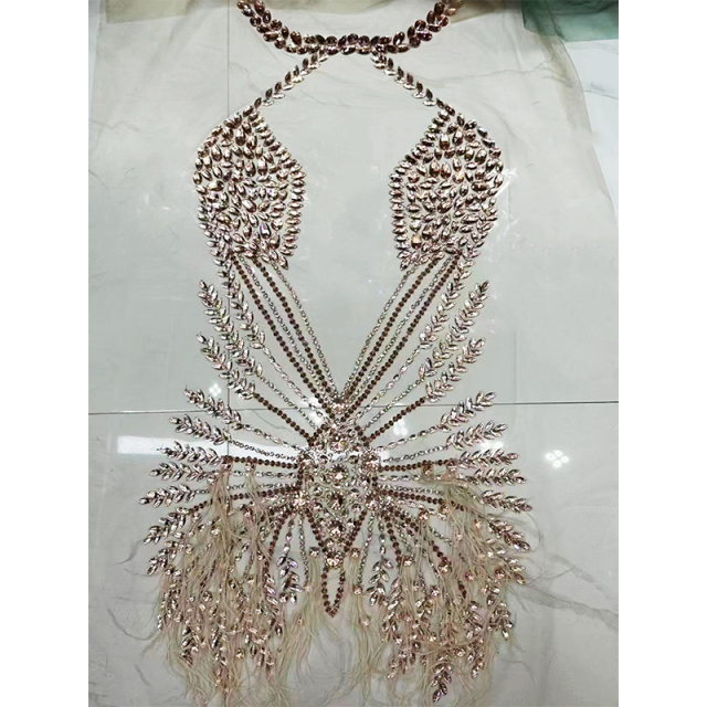 Silver Beaded Diamond Bodice Applique with Feather for Dancing Dress Manufacturer