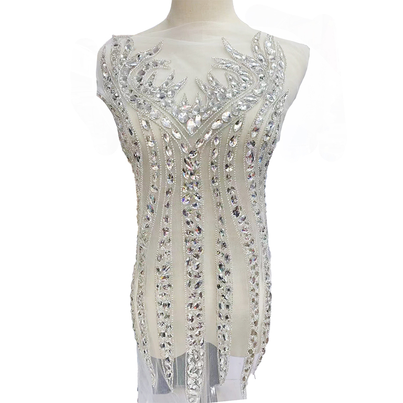 Silver Sequins Beaded Diamond Bodice Appliques for Dress Wholesale