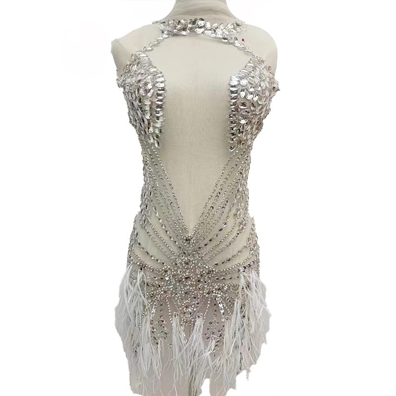 Silver Beaded Diamond Bodice Applique with Feather for Dancing Dress Manufacturer