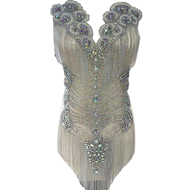 Large Beaded Diamond Bodice Applique with Tassle Chain Factory