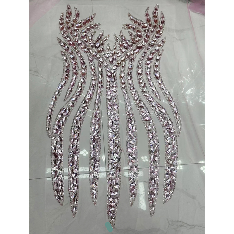 Silver Sequins Beaded Diamond Bodice Appliques for Dress Wholesale