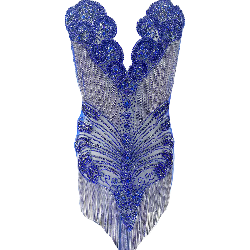Large Beaded Diamond Bodice Applique with Tassle Chain Factory