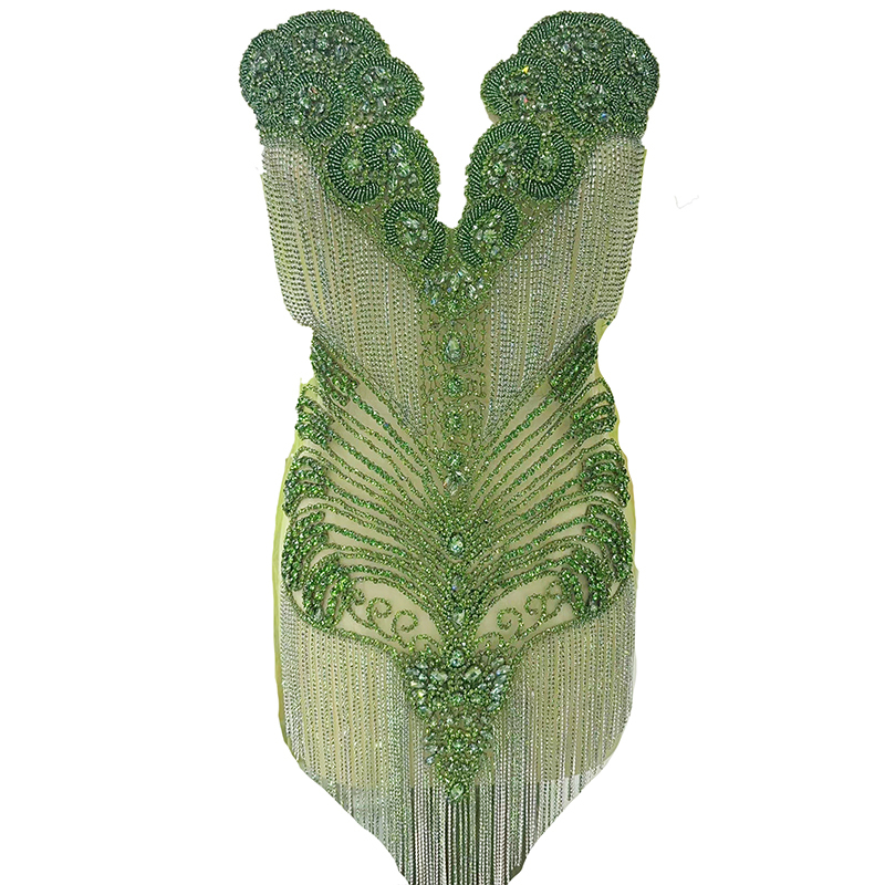 Large Beaded Diamond Bodice Applique with Tassle Chain Factory