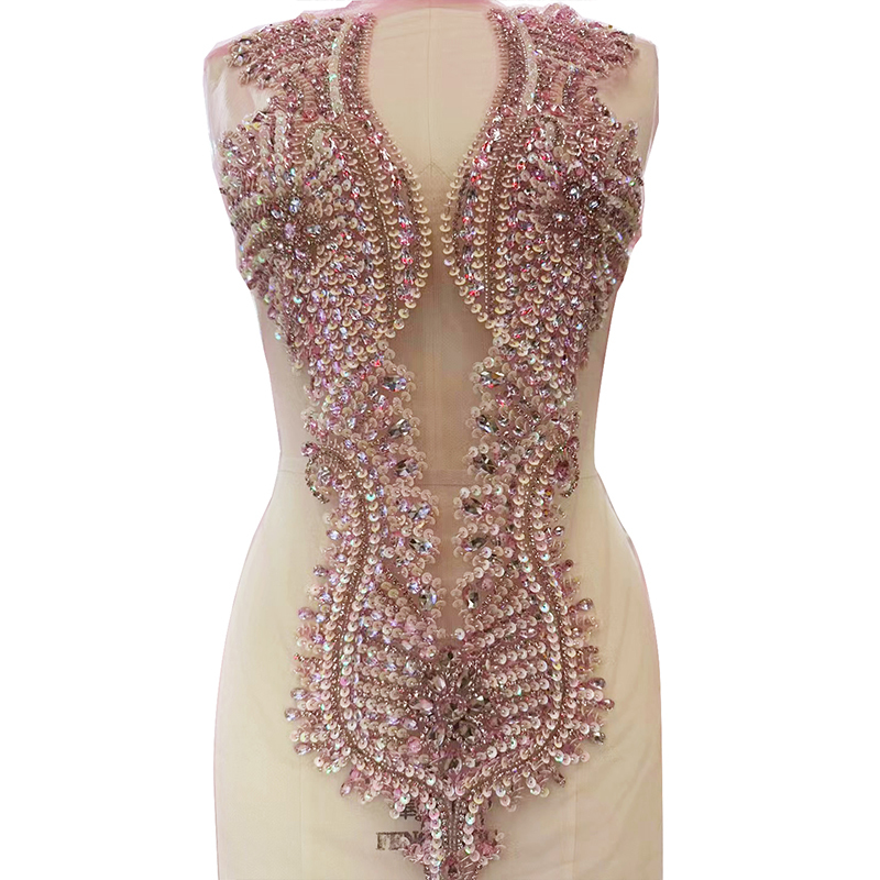 Large Beaded Sequins Crystal Bridal Bodice Applique Manufacturer
