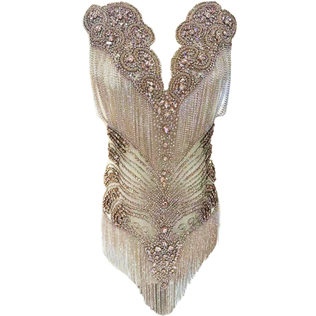 Large Beaded Diamond Bodice Applique with Tassle Chain Factory