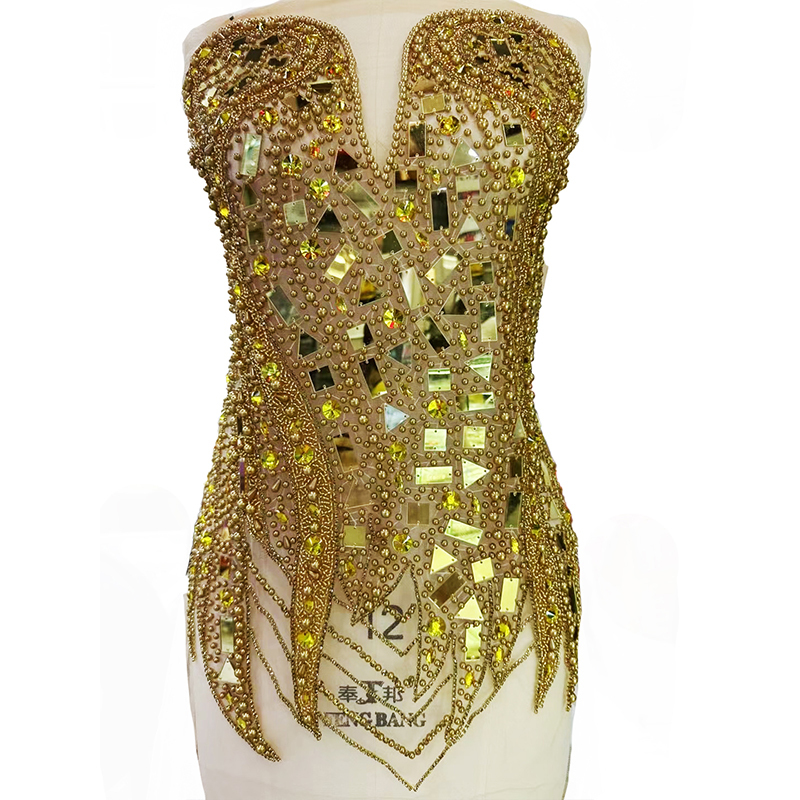 Gold Acrylic Sequins Pearl Beaded Rhinestone Bodice Appliques for Dress Exporter