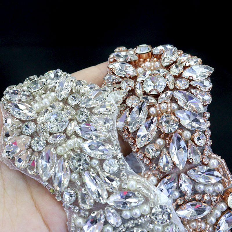 Gold Beaded Pearl Diamante Rhinestone Appliques for Wedding Dress Factory