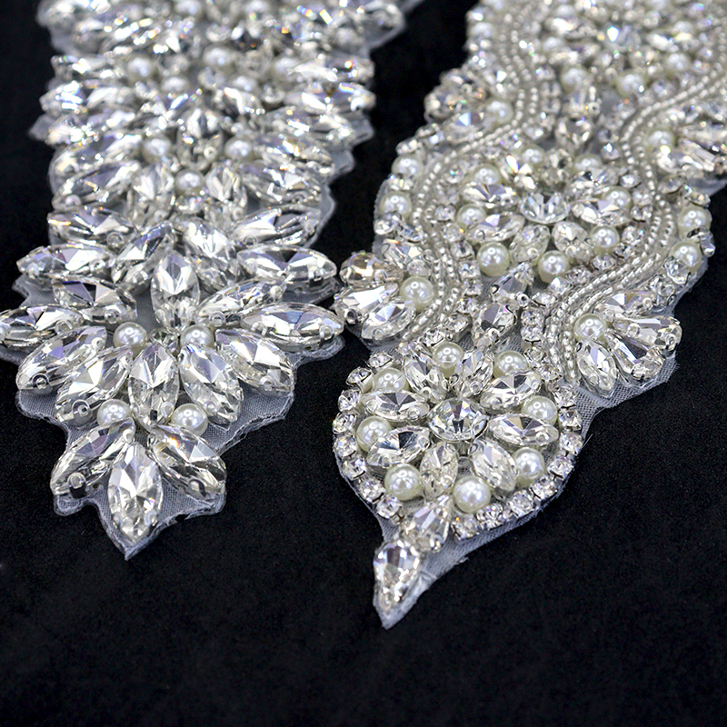 Silver Pearl Beaded Rhinestone Applique for Bridal Dress Supplier