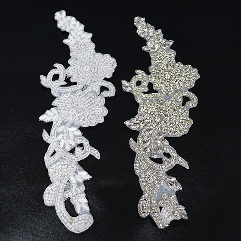 Silver Beaded Diamante Applique with Rhinestones Custom