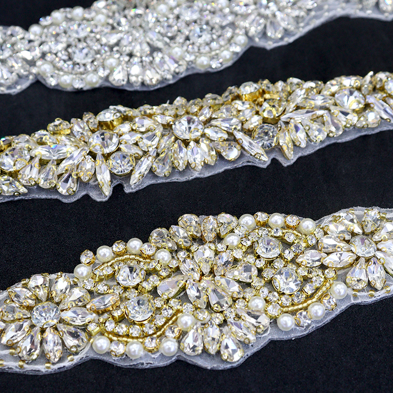 Bling Gold Floral Pearl Beaded Crystal Applique for Wedding Dress Custom