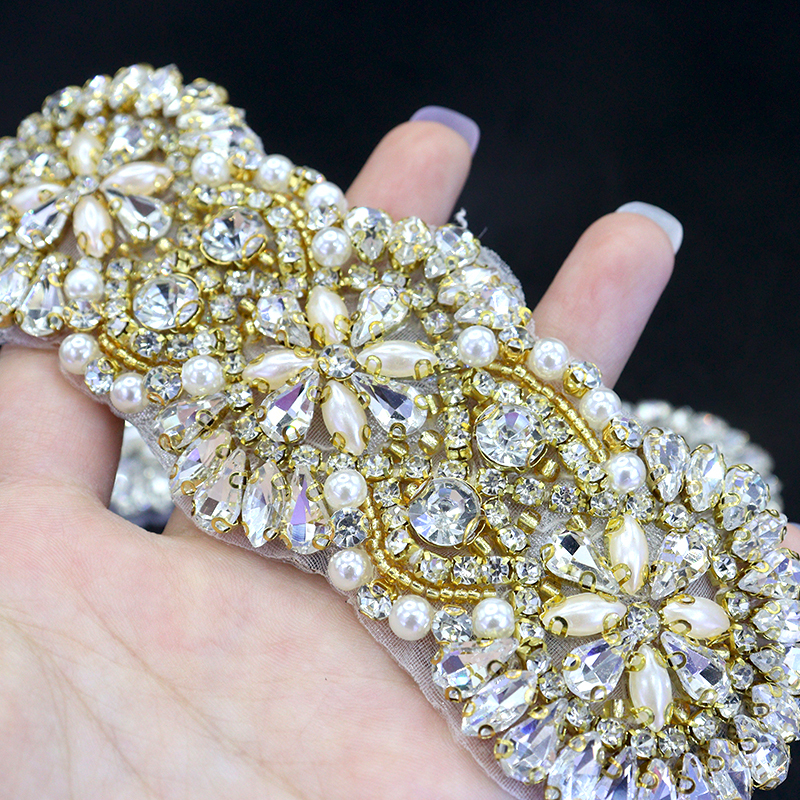 Gold Pearl Beaded Crystal Applique for Wedding Dress Wholesale