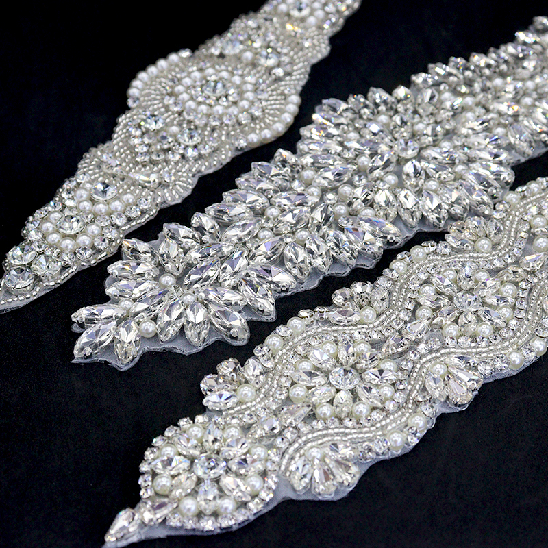 Silver Pearl Beaded Rhinestone Applique for Bridal Dress Supplier