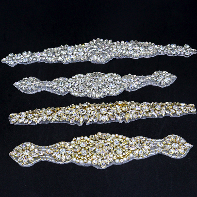 Bling Gold Floral Pearl Beaded Crystal Applique for Wedding Dress Custom