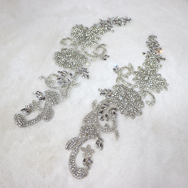 Silver Beaded Diamante Applique with Rhinestones Custom